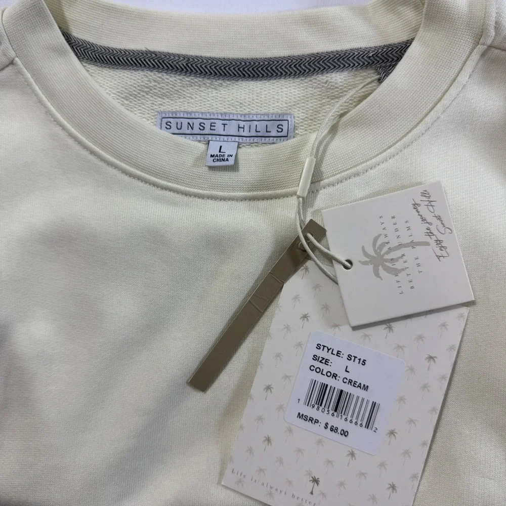 New Sunset Hills Men's Crew Neck Cream Sweatshirt Long Sleeve Casual‎ Top Size L